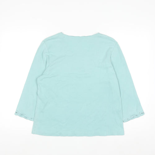 Dash Women's Blue Embroidered V-Neck 3/4 Sleeve Cotton Top Size 14