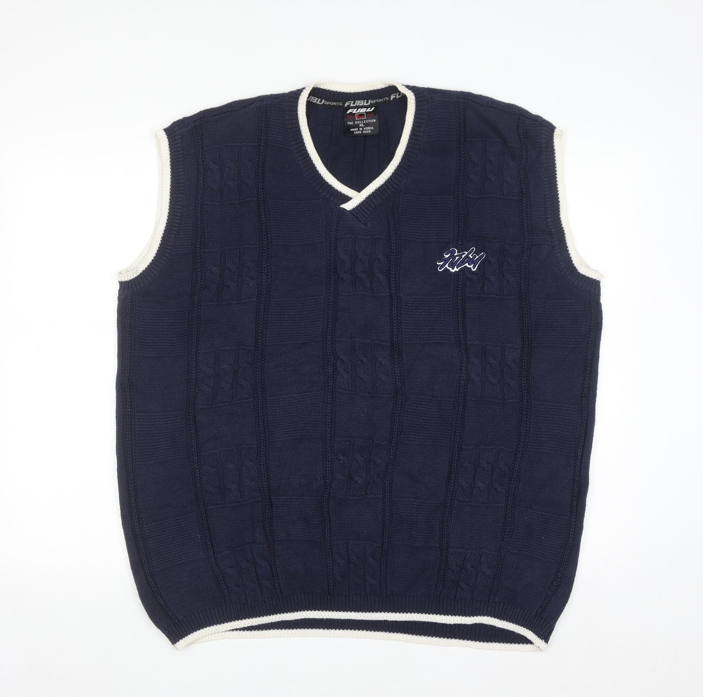 FUBU Men's Blue Cable-Knit Sleeveless V-Neck Vest XL