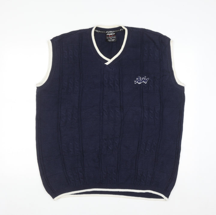 FUBU Men's Blue Cable-Knit Sleeveless V-Neck Vest XL