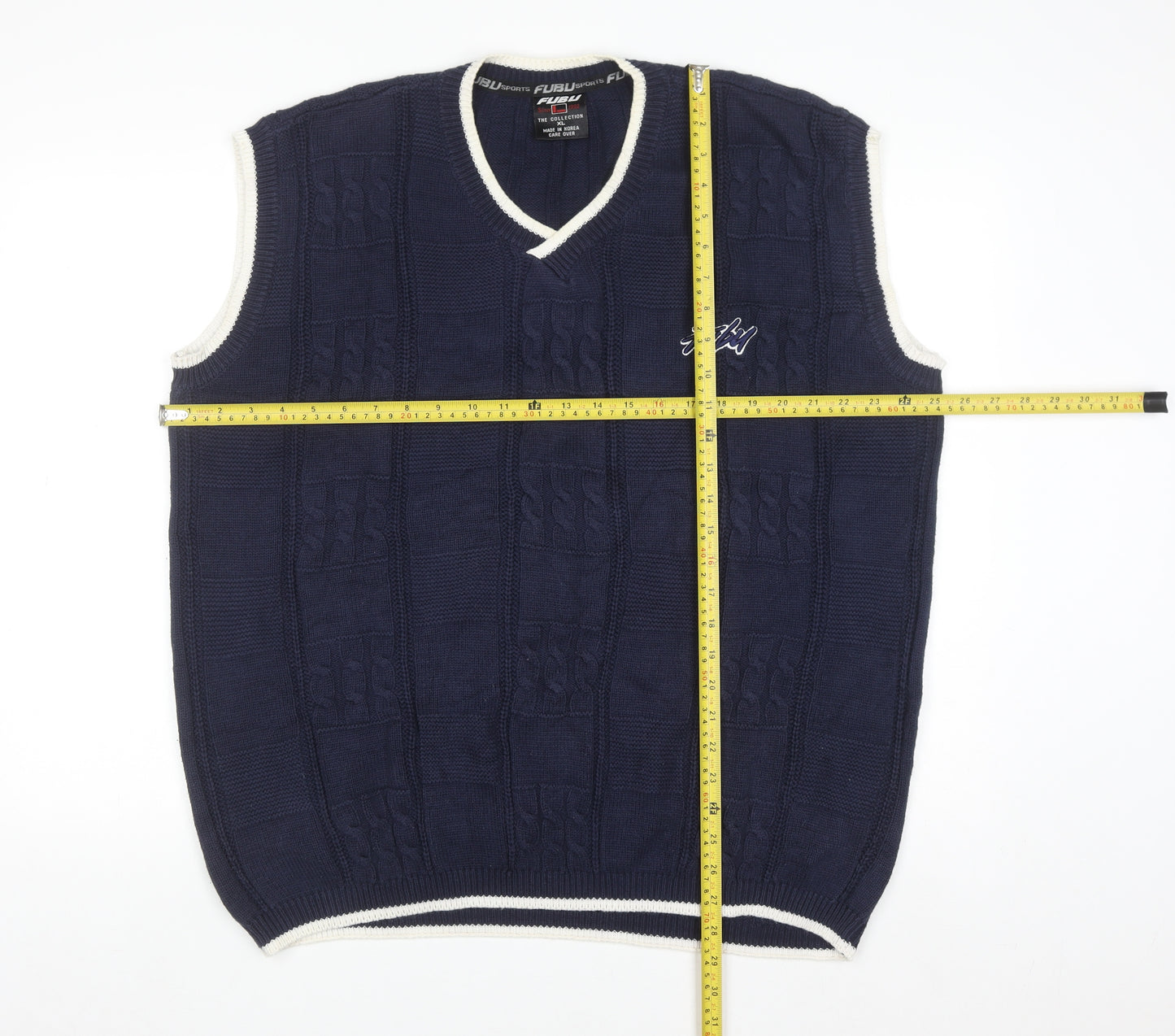 FUBU Men's Blue Cable-Knit Sleeveless V-Neck Vest XL