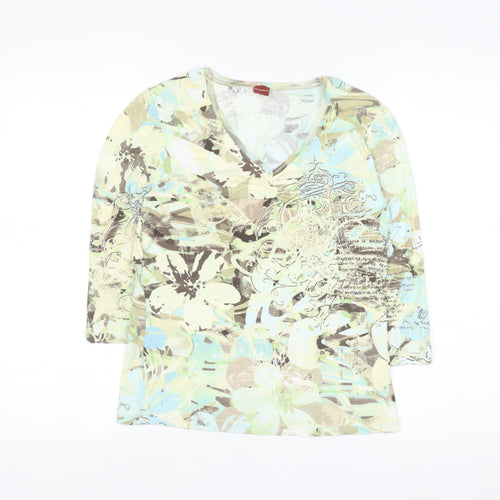 Olsen Women’s Multicoloured Floral V-Neck 3/4 Sleeve Cotton Top M