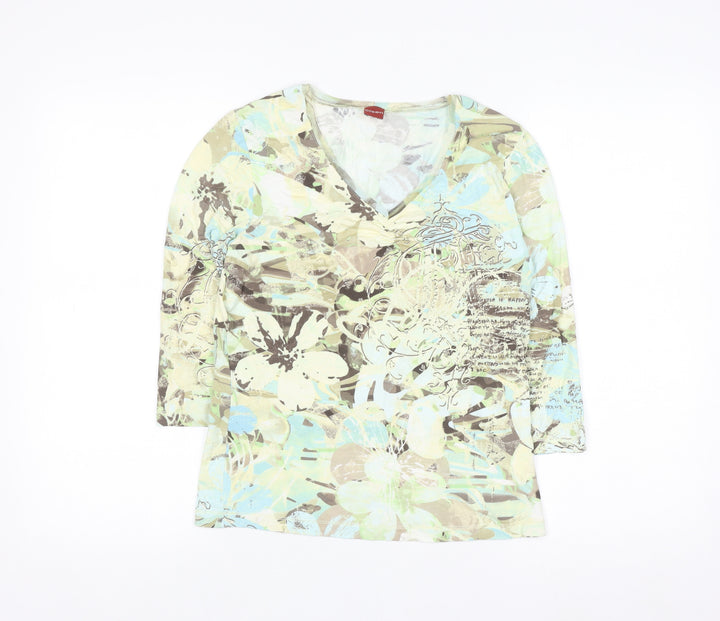 Olsen Women’s Multicoloured Floral V-Neck 3/4 Sleeve Cotton Top M