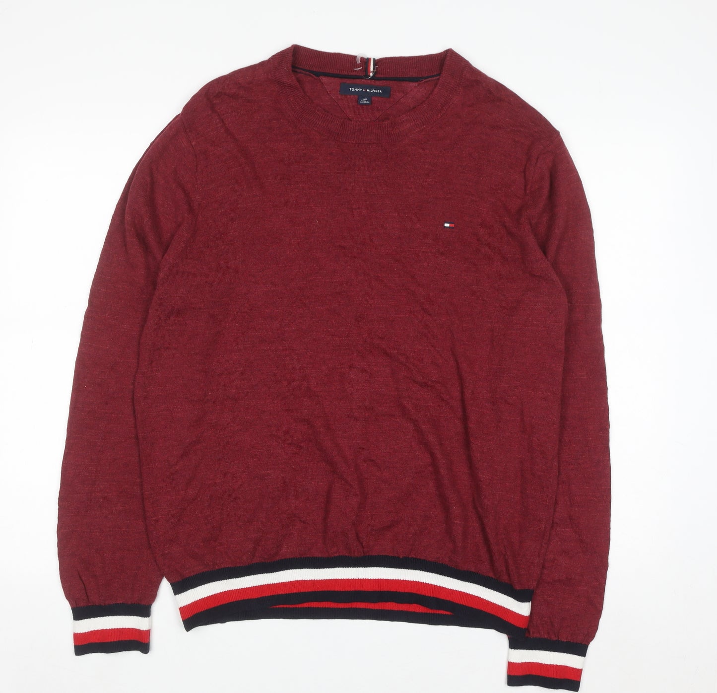 Tommy Hilfiger Men's Red Crew Neck Jumper Size L Classic Knit