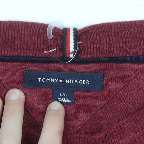 Tommy Hilfiger Men's Red Crew Neck Jumper Size L Classic Knit