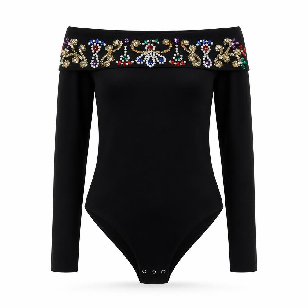 Front view of CX & CO Women's Black Off Shoulder Beaded Bodysuit, size 8