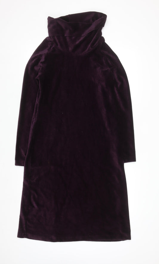 Front view of Women's Dark Plum Velour Roll Neck Shift Dress, size 12