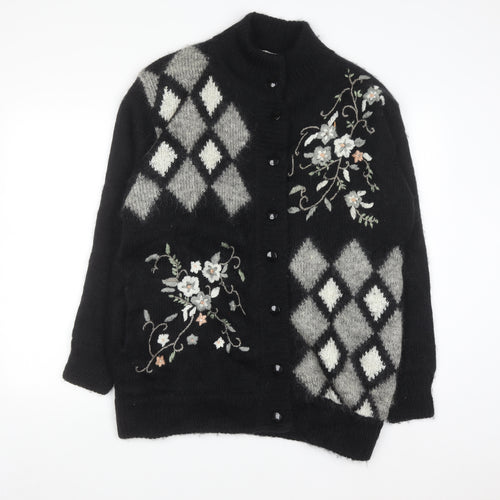 Affections Womens Black Argyle Floral Embroidered Knit Cardigan One Size