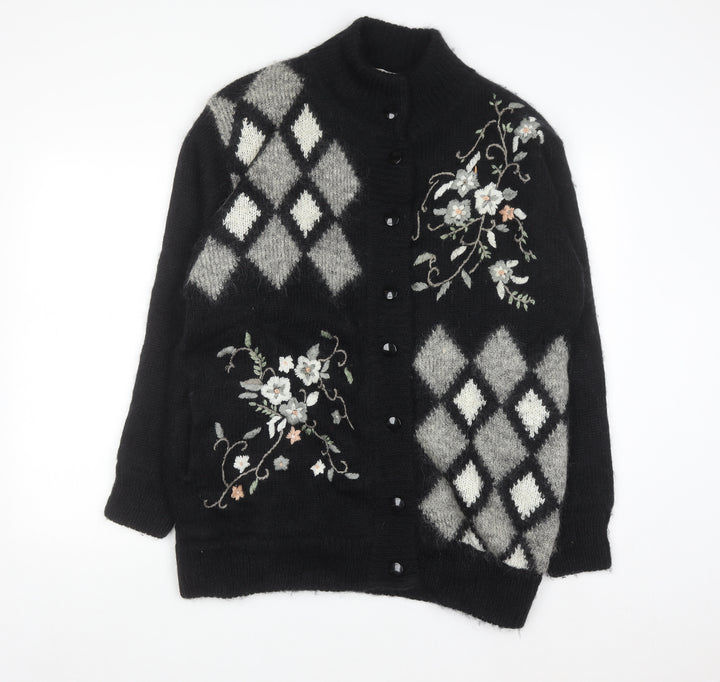 Affections Womens Black Argyle Floral Embroidered Knit Cardigan One Size