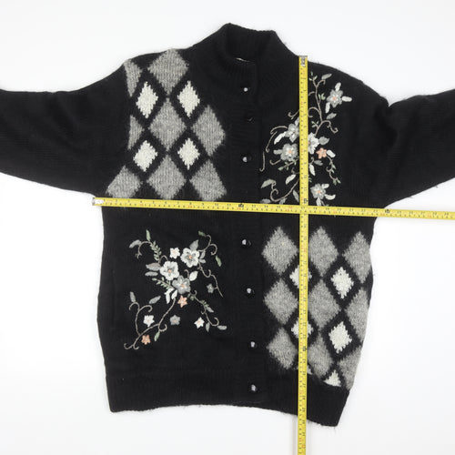 Affections Womens Black Argyle Floral Embroidered Knit Cardigan One Size