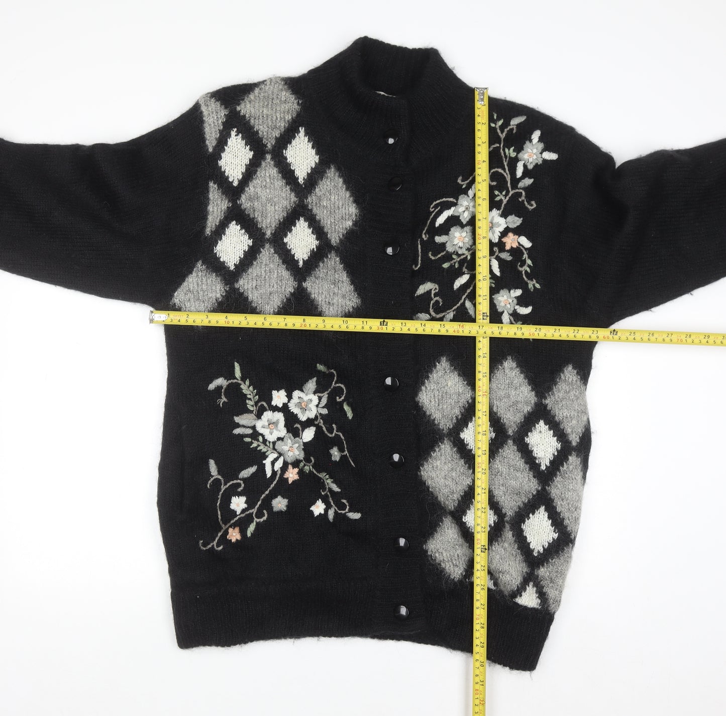 Affections Womens Black Argyle Floral Embroidered Knit Cardigan One Size