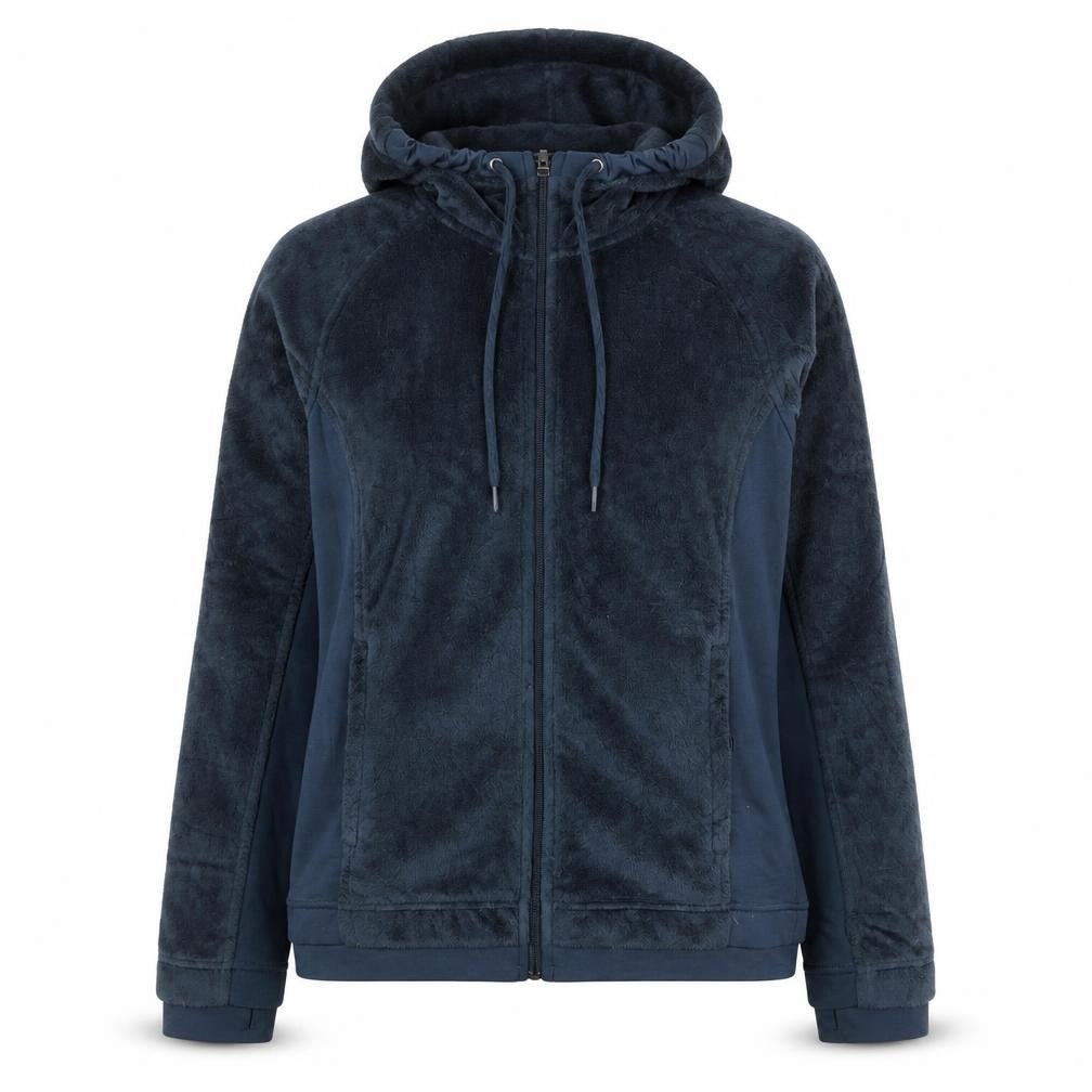 Front view of Columbia women’s navy full zip hooded fleece jacket, size M