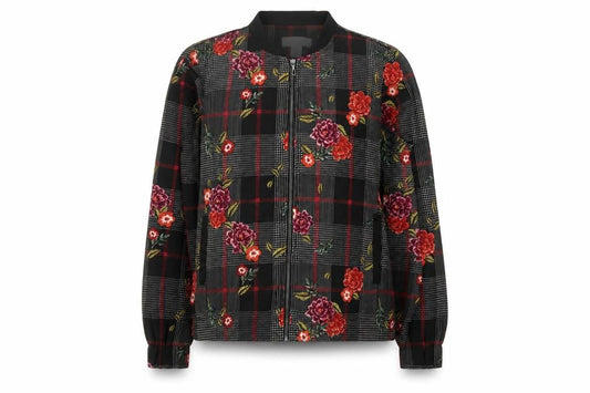 Front view of Christopher & Banks Women's Black Floral Check Bomber Jacket, size S