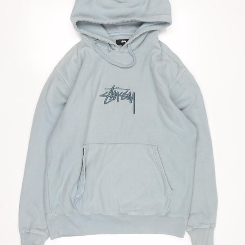 Stussy Men's Blue Pullover Hoodie Medium Cotton Fleece Sweatshirt