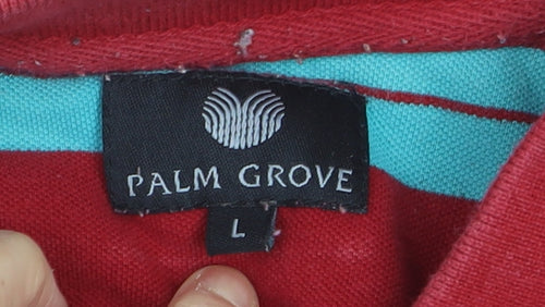 Palm Grove Men's Red Striped Collared Cotton Polo T-Shirt Size L