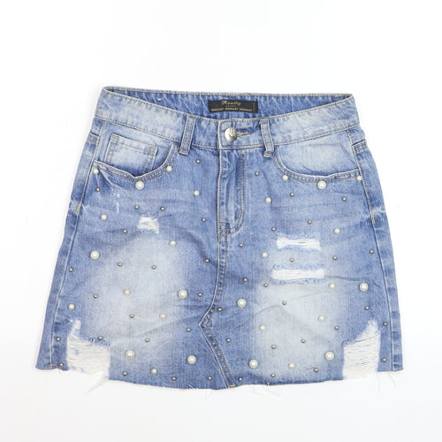 Realty Jeans Women Blue Mini Denim Skirt M Beaded Distressed Casual