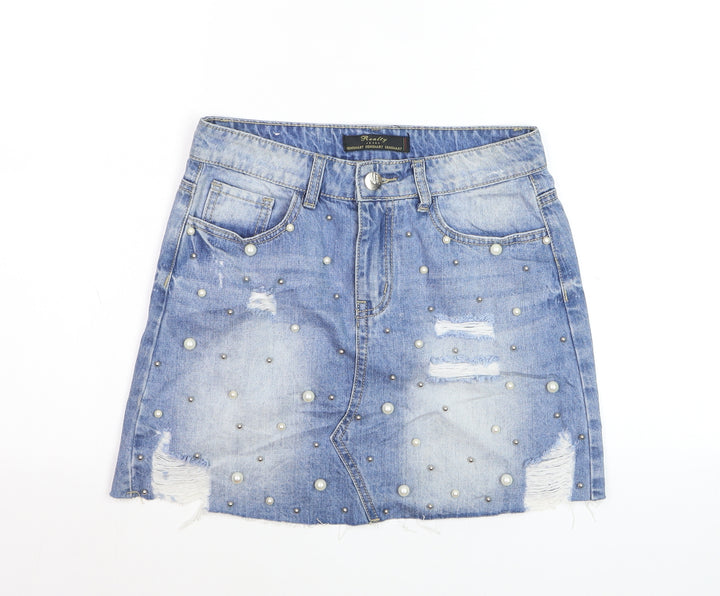 Realty Jeans Women Blue Mini Denim Skirt M Beaded Distressed Casual