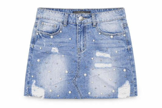 Front view of Realty Jeans Women Blue Mini Denim Skirt M Beaded Distressed Casual