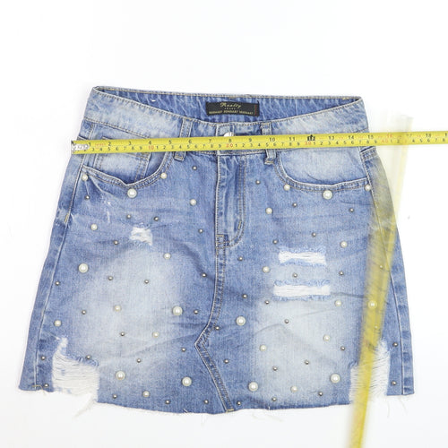 Realty Jeans Women Blue Mini Denim Skirt M Beaded Distressed Casual