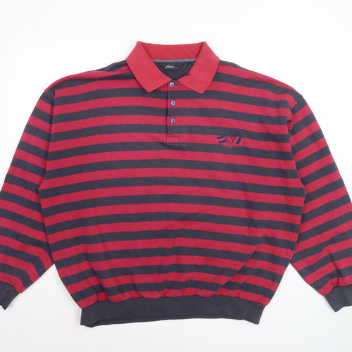 Dash Men's Red Navy Striped Long Sleeve Cotton Polo Shirt Size L