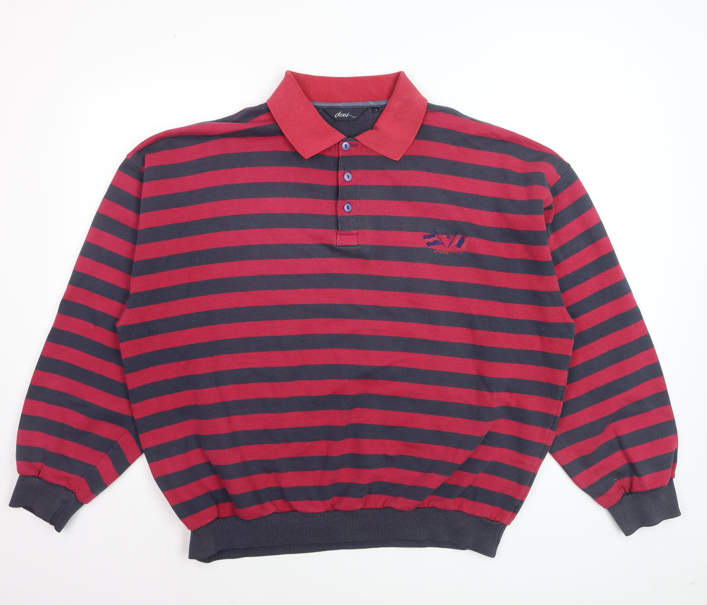 Dash Men's Red Navy Striped Long Sleeve Cotton Polo Shirt Size L