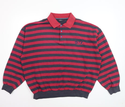 Dash Men's Red Navy Striped Long Sleeve Cotton Polo Shirt Size L