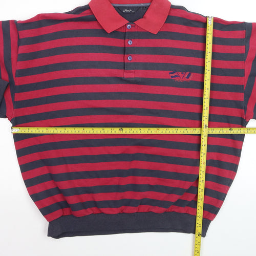 Dash Men's Red Navy Striped Long Sleeve Cotton Polo Shirt Size L