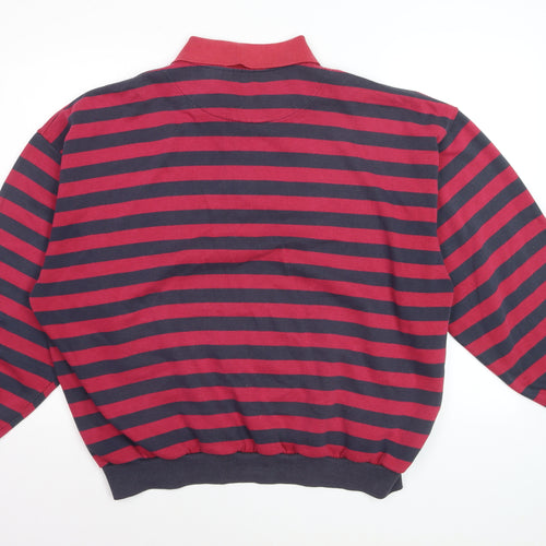 Dash Men's Red Navy Striped Long Sleeve Cotton Polo Shirt Size L