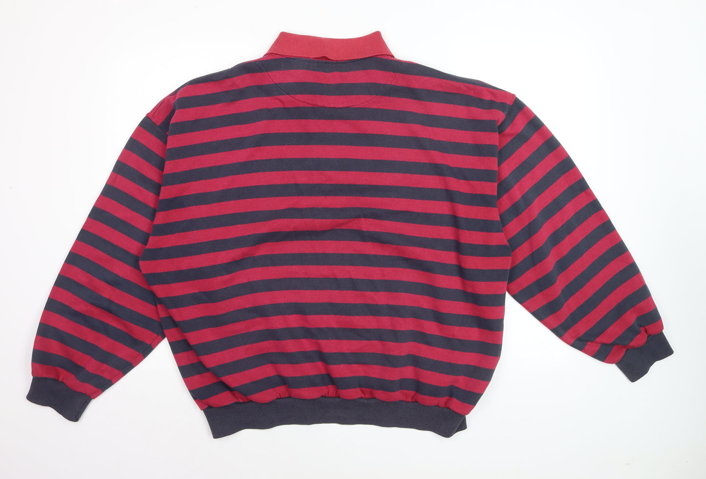 Dash Men's Red Navy Striped Long Sleeve Cotton Polo Shirt Size L