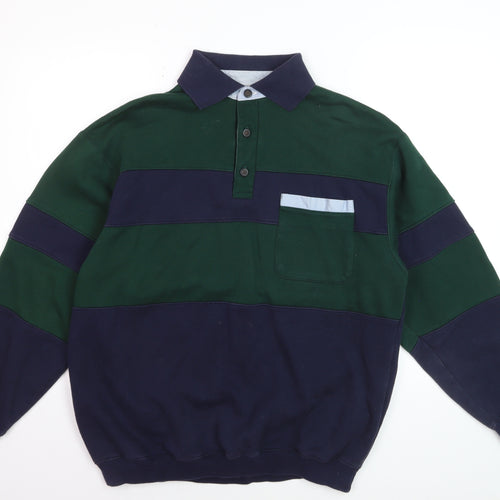 C&A Canda Men's Green & Navy Long Sleeve Polo Medium Classic Fit