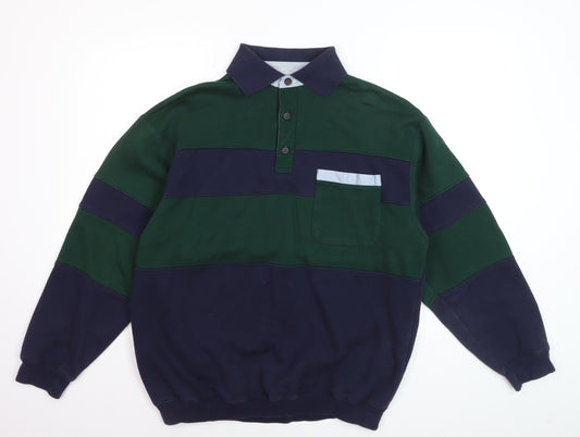 C&A Canda Men's Green & Navy Long Sleeve Polo Medium Classic Fit