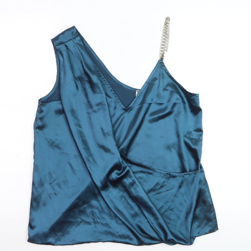 Lipsy Women’s Blue Satin Wrap Blouse with Beaded Strap Size M