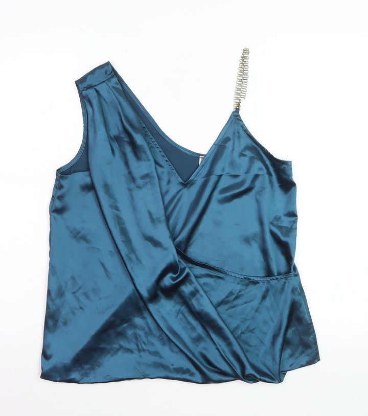 Lipsy Women’s Blue Satin Wrap Blouse with Beaded Strap Size M