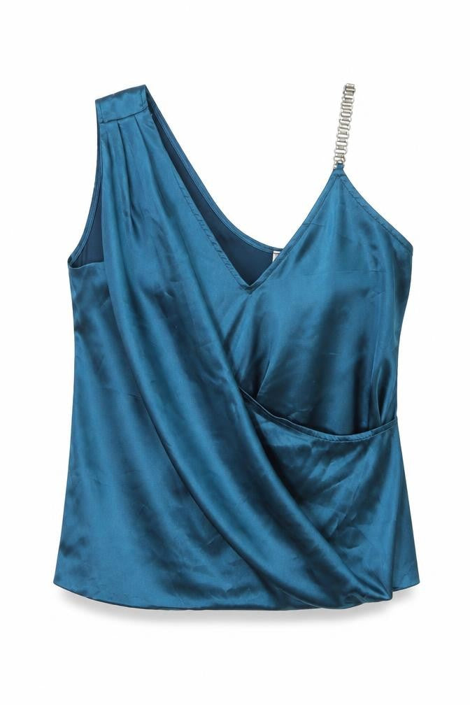 Front view of Lipsy Women’s Blue Satin Wrap Blouse with Beaded Strap, size M