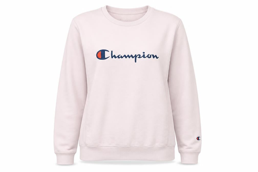 Front view of Champion Women's Pink Logo Pullover Sweatshirt, size L
