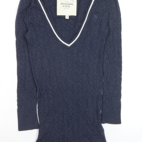 Abercrombie & Fitch Women's Navy Cable-Knit V-Neck Jumper Size M