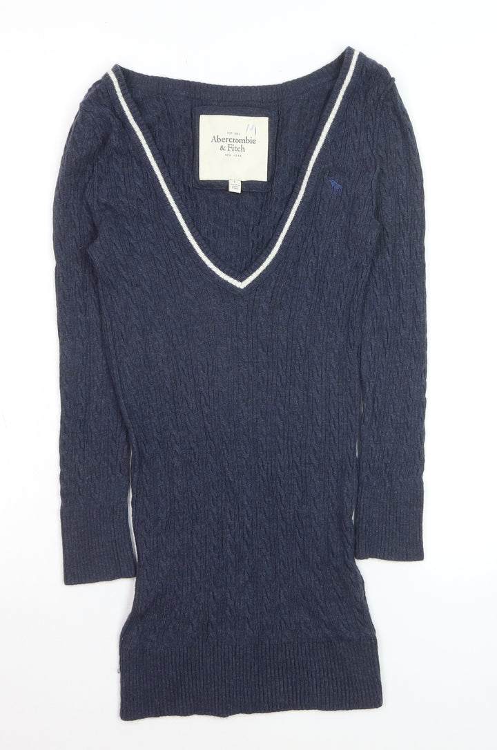 Abercrombie & Fitch Women's Navy Cable-Knit V-Neck Jumper Size M