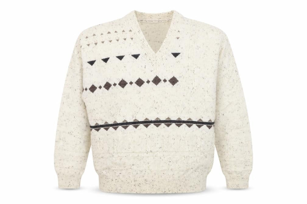 Front view of Canda men’s beige wool blend geometric v-neck jumper l