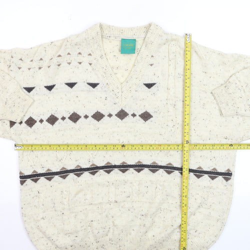 Canda Mens Beige Wool Blend Geometric V-Neck Jumper L