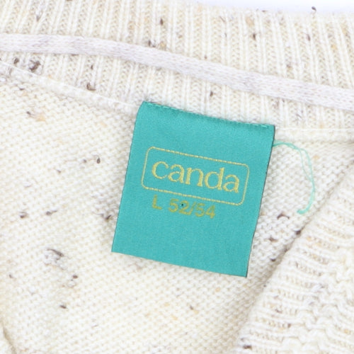 Canda Mens Beige Wool Blend Geometric V-Neck Jumper L