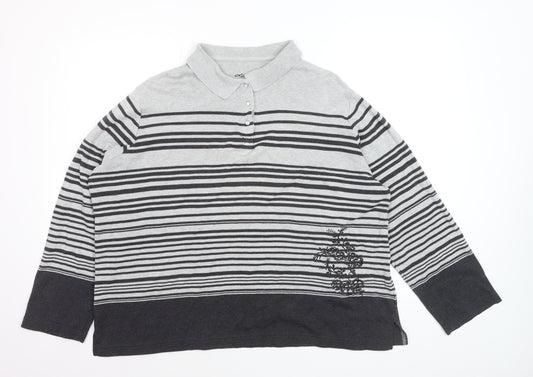 Dash Women Grey Striped Collared Henley Jumper Size 20