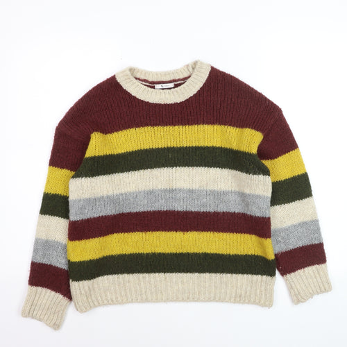 Tu Women Beige Multicoloured Size 12 Striped Crew Neck Jumper