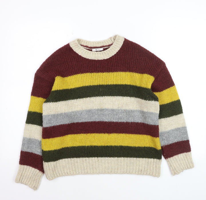Tu Women Beige Multicoloured Size 12 Striped Crew Neck Jumper