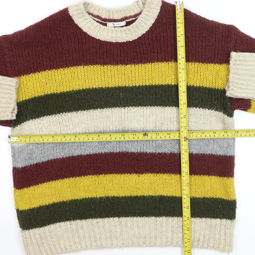 Tu Women Beige Multicoloured Size 12 Striped Crew Neck Jumper