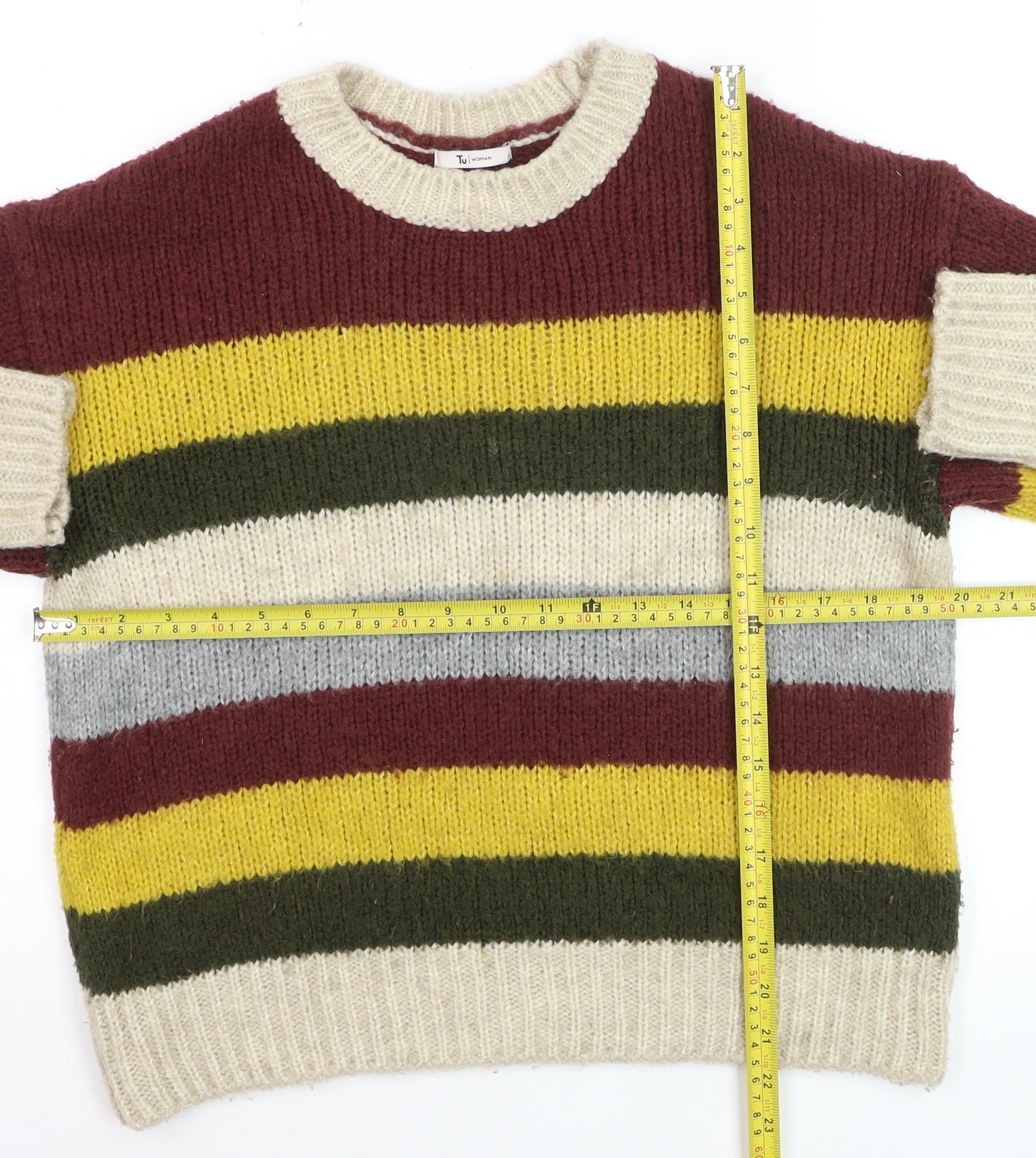 Tu Women Beige Multicoloured Size 12 Striped Crew Neck Jumper