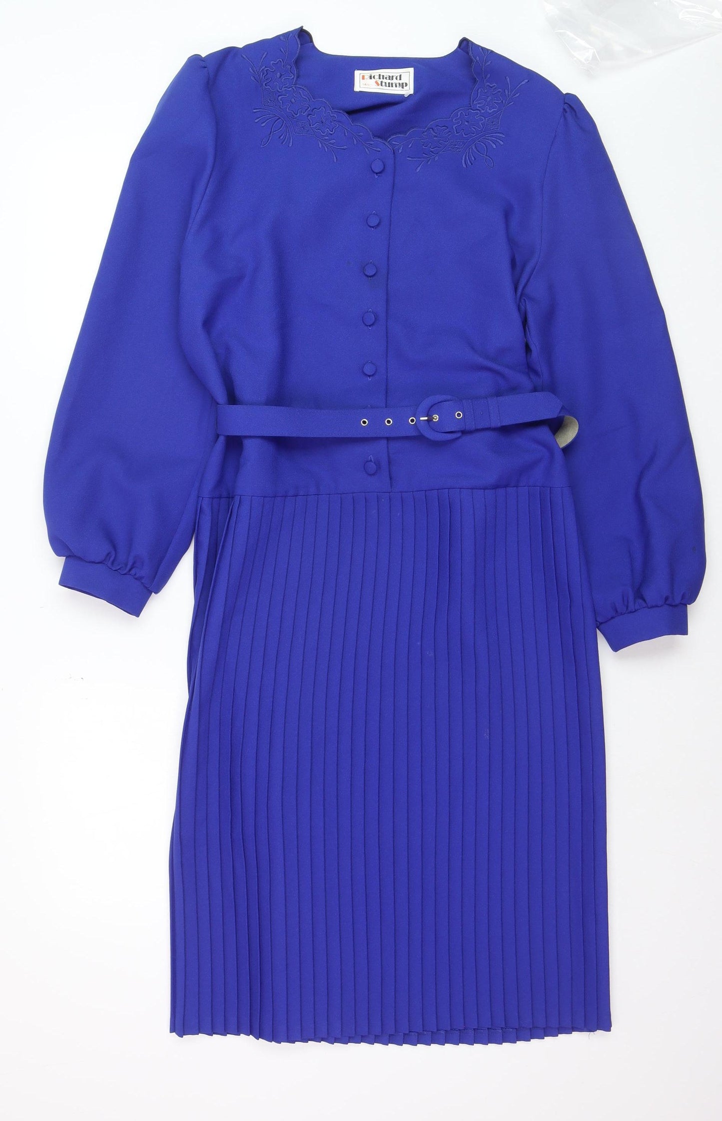 Richard Stump Women's Blue Pleated Fit & Flare Belted Dress Size 14