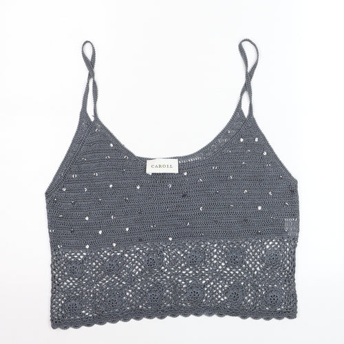 Caroll Women’s Grey Crochet Sequin Cropped Tank Top Size 16