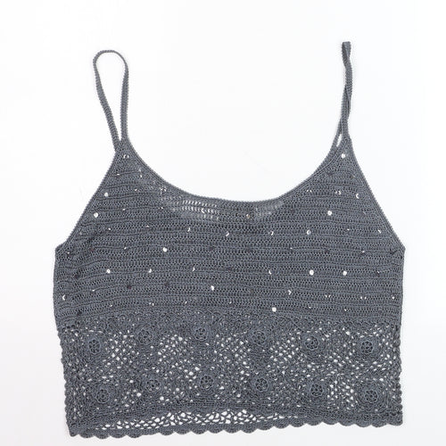 Caroll Women’s Grey Crochet Sequin Cropped Tank Top Size 16
