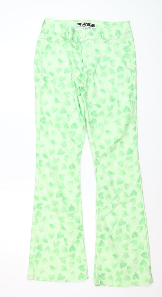 NEON & NYLON Women's Green Heart Print Flared Jeans M 32
