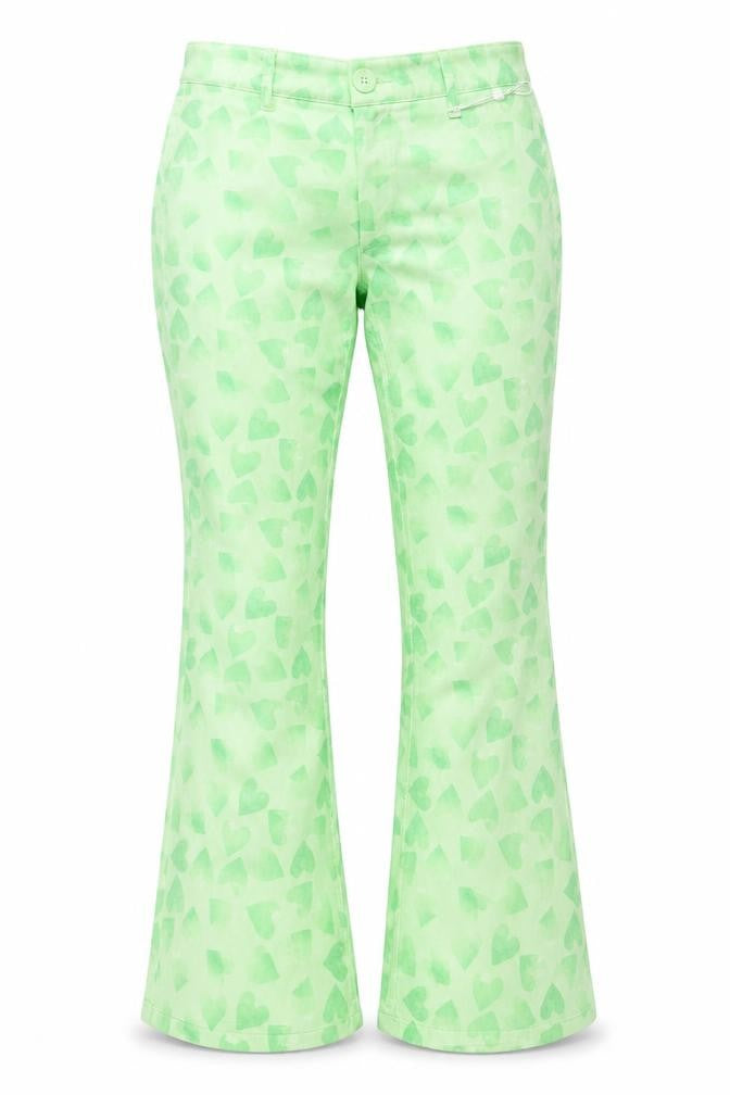 Front view of NEON & NYLON Women's Green Heart Print Flared Jeans M 32