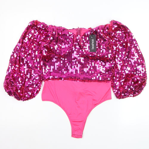 Boohoo Women Pink Sequin Puff Sleeve Off Shoulder Cropped Blouse Size 12